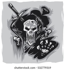 Skull label vector illustration. Tattoo design illustration. T-shirt design illustration. Poster on the wall. 