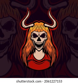 Skull lady with horn illustration