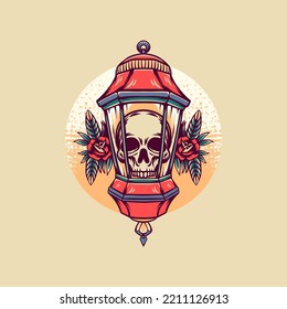 Skull In Lantern Retro Illustration