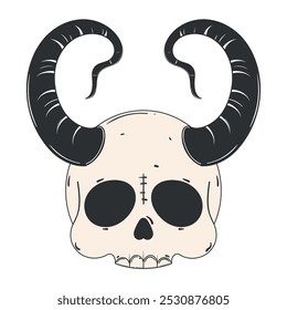 Skull with large curved horns in black and white, Vector