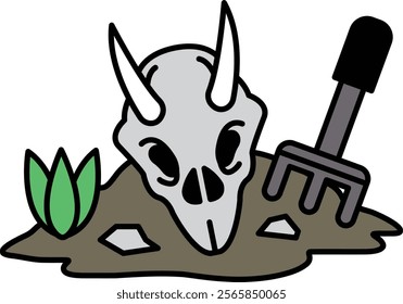 A skull is laying on the ground next to a shovel and a plant. The skull has horns and a pointed nose. The image has a creepy and eerie mood