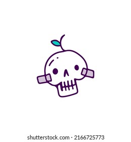 Skull with leaf hair duct-tape to a wall, illustration for t-shirt, sticker, or apparel merchandise. With doodle, retro, and cartoon style.