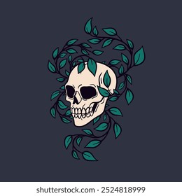 Cráneo con vides de hoja, símbolo de vida y muerte. Espeluznante esqueleto místico, espeluznante hueso de la cabeza en la naturaleza. Terror de estilo retro misterioso, concepto de renacimiento. Ilustración vectorial gráfica dibujada a mano de Antiguas