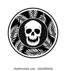 Skull and leafs on circle illustration vector