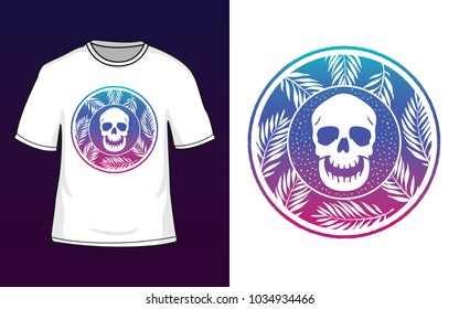Skull and leafs on circle illustration t-shirt design