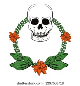 Skull with leaves and flowers