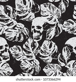 skull and leaves print pattern seamless, vector