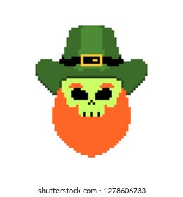 Skull of Leprechaun pixel art. Skeleton head with beard. Holiday of Ireland. St.Patrick 's Day. Traditional Irish holiday.
