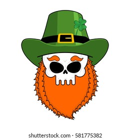 Skull leprechaun with red beard. Green Irish cap. St. Patrick's Day national holiday. Traditional Ireland Festival