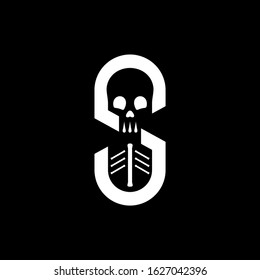 Skull letter s logo vector. Creative initial letter, halloween symbol, abstract skeleton silhouette. Black and white color