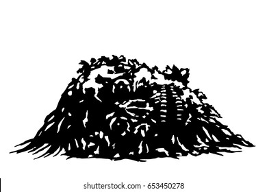 The skull lies in a pile of pus. Vector illustration. The Apocalypse demon from hell.