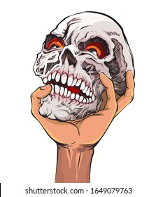 Skull lifting handle on a white background, pop art illustration design hand drawn style vector.