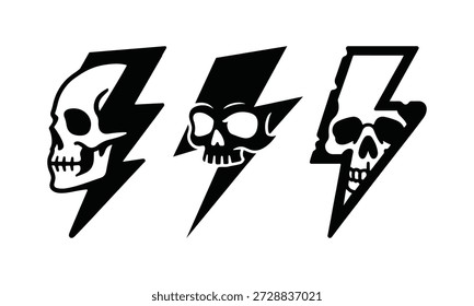 Skull in Lightning Bolt Vector Illustration, Edgy Rock and Roll Graphic for T-shirt Print, Streetwear Branding, Electric Skull and Lightning Bolt Icon