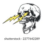 Skull with lightning bolts colorful sticker with head of dead man with incinerate look and cracks from impact vector illustration