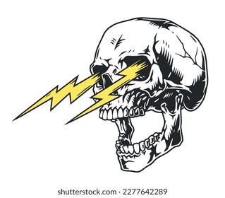 Skull with lightning bolts colorful sticker with head of dead man with incinerate look and cracks from impact vector illustration