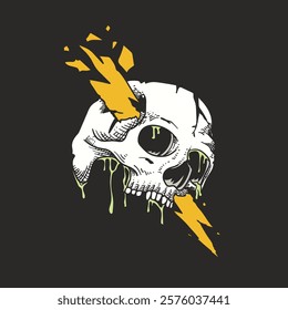 Skull with lightning. Hand drawn vector illustration