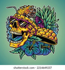 The skull is like a drinking glass wearing glasses, with flowers and pineapples, the summer theme is striking.