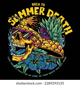 The skull is like a drinking glass wearing glasses, with flowers and pineapples, the summer theme is striking.

