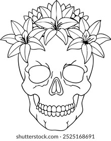 Skull with lilies, detailed black and white vector art