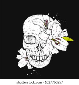 Skull with lilies. Flowers. Vector illustration.