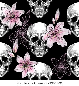 Skull and lily on black background. Vector seamless pattern