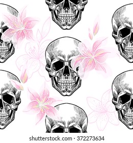 Skull and lily on white background. Vector seamless pattern