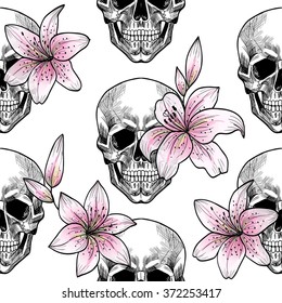 Skull and lily. Vector seamless pattern
