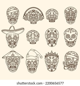 skull line art set for day of the dead