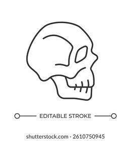 Skull line icon. Halloween holiday spooky decor. Human head bone frame side view. Anatomy studying model. Isolated vector illustration. Outline symbol. Simple linear drawing. Editable stroke