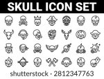 Skull line icons set, pirate captain crossbones, sugar skull, royal king crown, mechanical steampunk, bull and deer skeleton outline vector collection