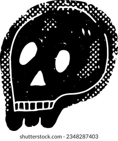 Skull in linocut style with shabby texture. Halloween decor. Vector element.