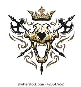 Skull of a lion crown and medieval weapons. Heraldic emblem
