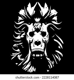 skull of a lion hand drawn vector clip art black and white
