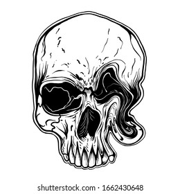 Skull liquify effect black and white illustration.