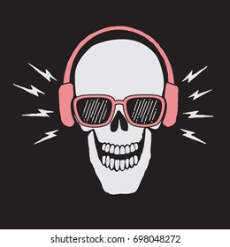 skull listen a music in headphones.Vector prints design for t-shirts or other apparel