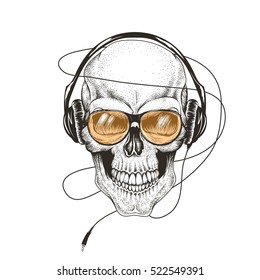 skull listening a music in headphones.Prints design for t-shirts.Vector illustration