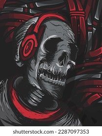 Skull Listening music with Headset 