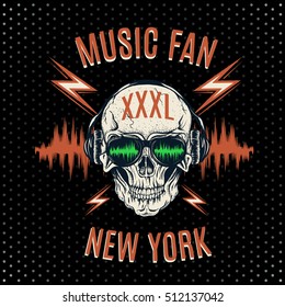 Skull listening to music on headphones.DJ at the disco.Vector label