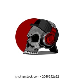 skull is listening to music through Headphones logo template