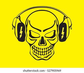 Skull listening to music. Vector illustration, the skull listening to music on headphones on a yellow background.