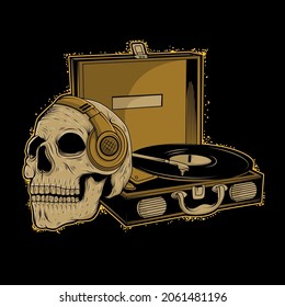 skull listening to music with vinyl player illustration design