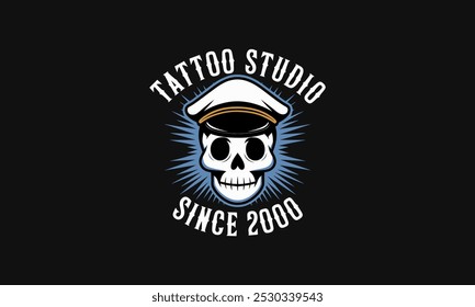 Logotipo do crânio com um chapéu de capitão para um estúdio de tatuagem.