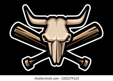 Skull logo cow, bull, buffalo, with crossed baseball bats. Mascot sporty. E-sports logo.