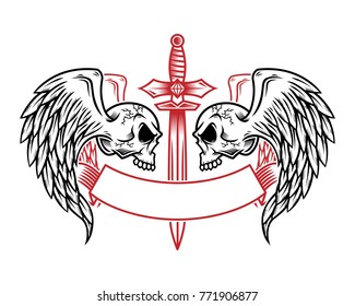 Skull logo, icon or skull illustration with wings, vector of skeleton.