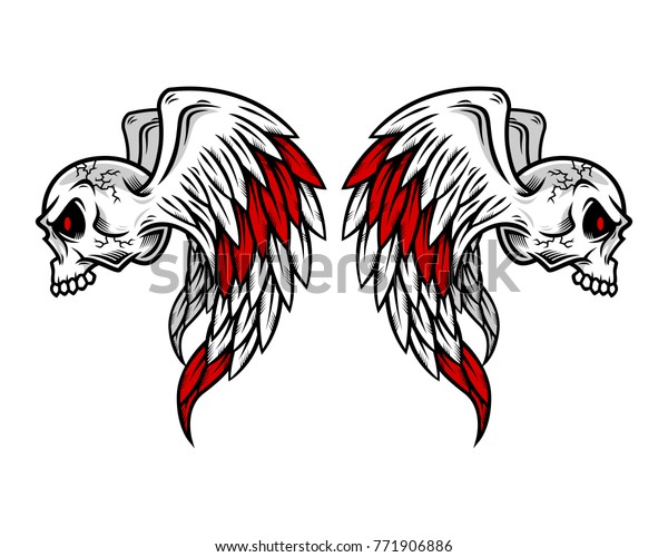 Skull logo, icon or skull illustration with\
wings, vector of\
skeleton.