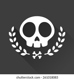 Skull logo illustration with laurel vine accents and crossbones