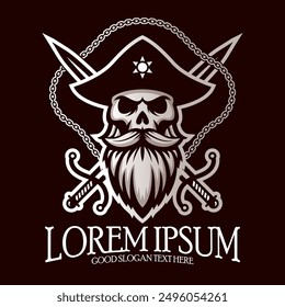 Skull logo mascot, pirate skull wearing a tricorn hat with bearded, Crossed swords and a chain loops