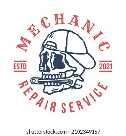 skull logo mechanic biting a wrench wearing a hat in vintage style