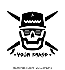 skull logo wearing hat, black color, with surfboard pattern