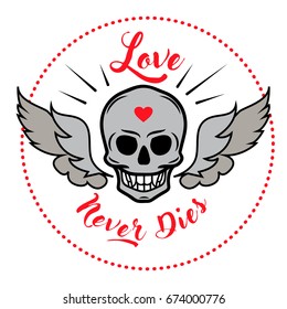 Skull logo with wings  and heart. Isolated vector illustration.